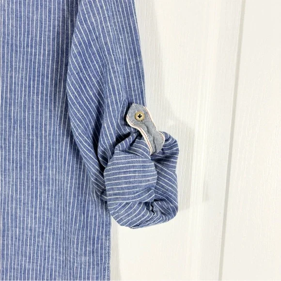Zara Blue Striped Linen Button Shirt Men’s S Slim Fit Roll Tab Sleeves - Picture 4 of 8